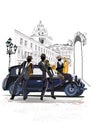 Series of street musicians in the city. Jazz band near the retro car. Hand drawn vector illustration. Royalty Free Stock Photo